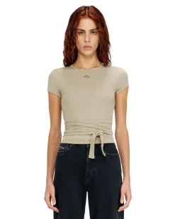 Geripptes Top mit Wickelschnüren - T-Shirts - Damen - Beige