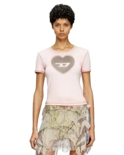 Geripptes T-Shirt mit Herz D-Wasserfarbe-Effekt - T-Shirts - Damen - Rosa