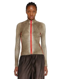 Gerippte zip-Strickjacke mit kontrastierenden Streifen - Strickwaren - Damen - Bunt