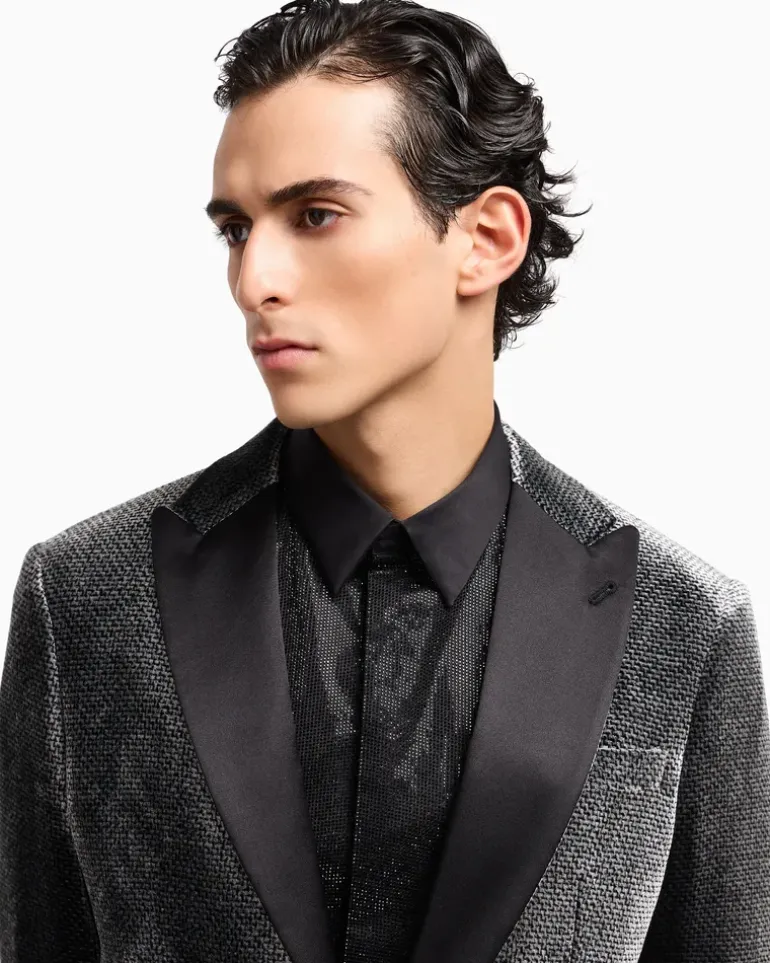 Giorgio’s einreihige Smokingjacke aus Samt mit Mikro-Devoré-Effekt Schwarz
