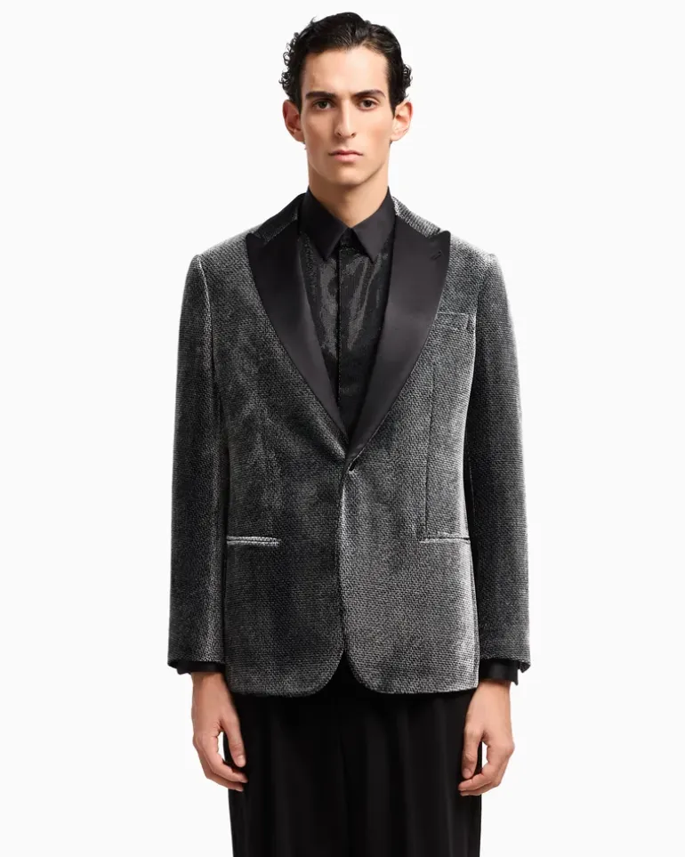 Giorgio’s einreihige Smokingjacke aus Samt mit Mikro-Devoré-Effekt Schwarz
