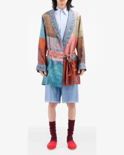 Gürtel-Kimono mit Paisley-Print - Blau