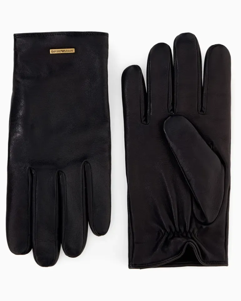 Handschuhe aus Glattleder mit Wollfutter und Logoplakette Schwarz