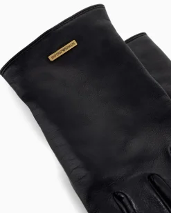 Handschuhe aus Glattleder mit Wollfutter und Logoplakette Schwarz