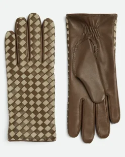 Handschuhe aus Intrecciato Leder und Wildleder-Beige - Damen