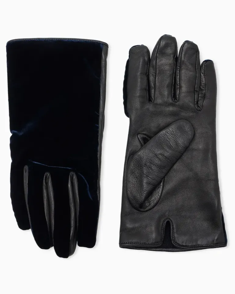 Handschuhe aus Leder und Samt mit Fischgrätmuster Schwarz