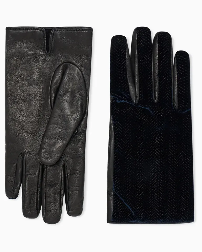 Handschuhe aus Leder und Samt mit Fischgrätmuster Marineblau