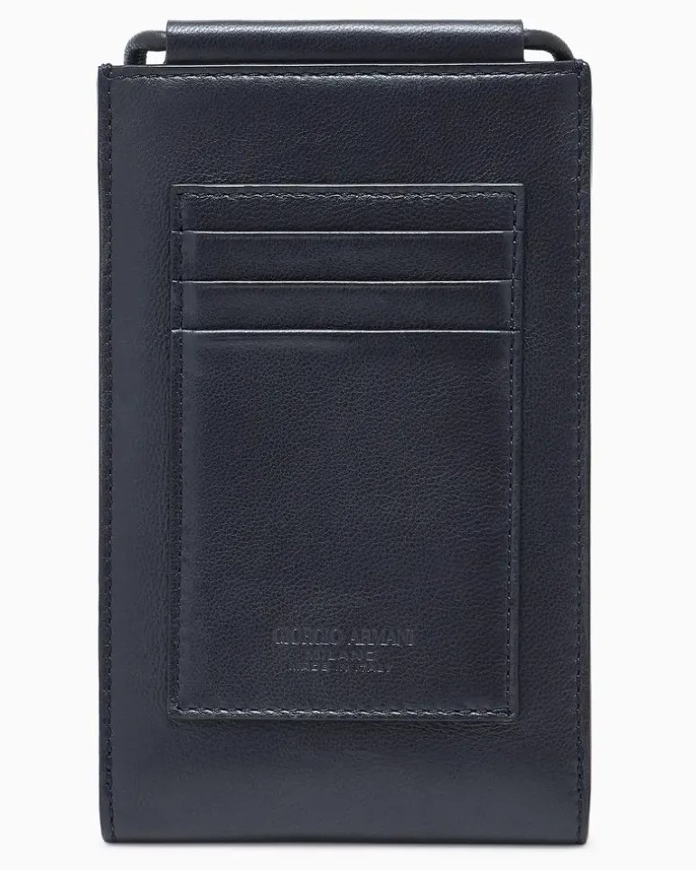 Handytasche aus glattem Leder mit Riemen und Kartenfächern Marineblau