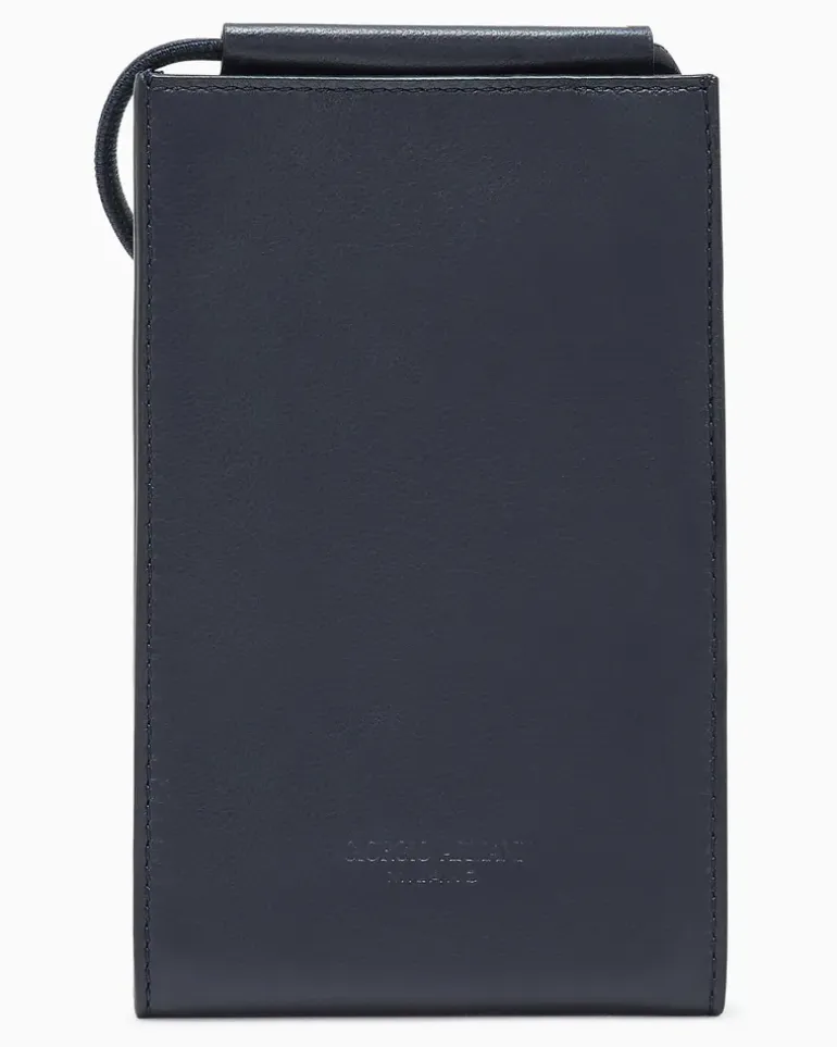 Handytasche aus glattem Leder mit Riemen und Kartenfächern Marineblau
