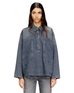 Henley-Top aus Denim mit Schmutzeffekt - Denimhemden - Damen - Blau