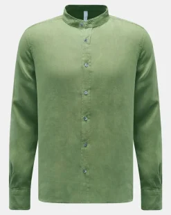 Herren - Leinenhemd 'Linen Guru' Grandad-Kragen grün