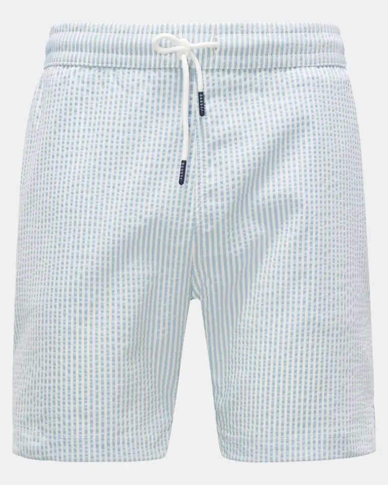 Herren - Seersucker Badeshorts hellblau/weiß gestreift