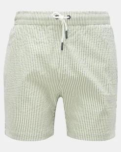 Herren - Seersucker Badeshorts grün/weiß gestreift