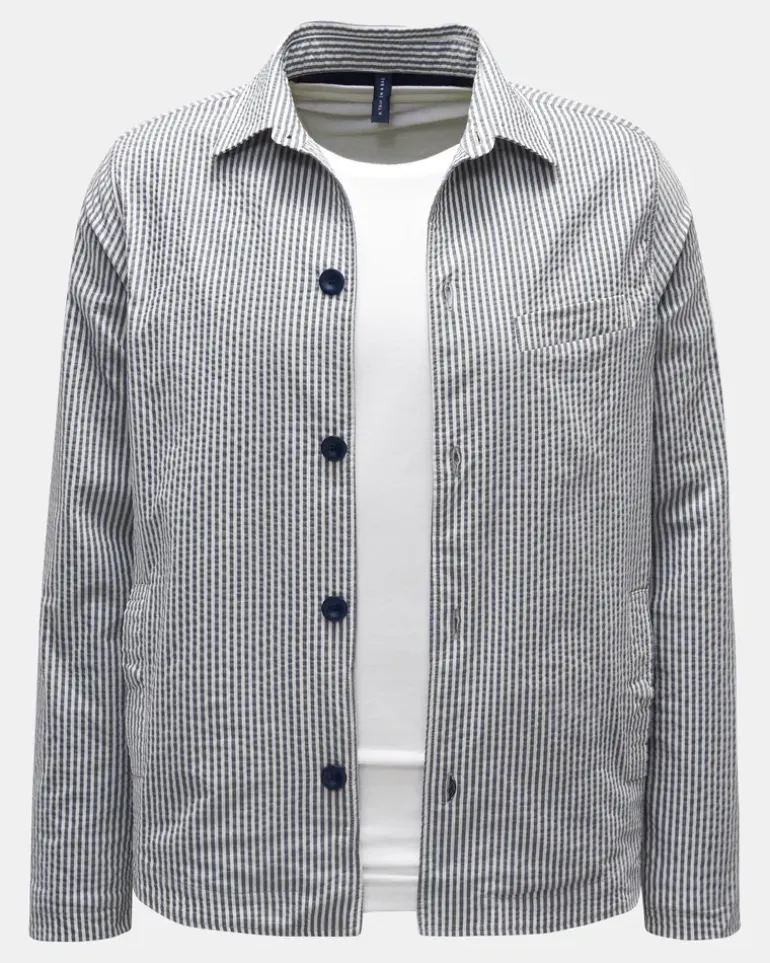 Herren - Seersucker Overshirt graublau/weiß gestreift