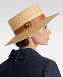 Hut GG aus Stroh mit Leder Beige