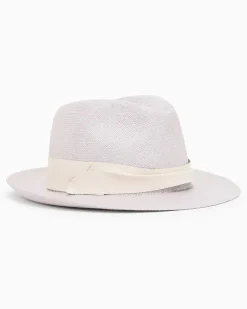 Hut Stroh als geflochtener Fedora mit Lederband New Normal Grau