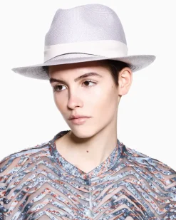 Hut Stroh als geflochtener Fedora mit Lederband New Normal Grau