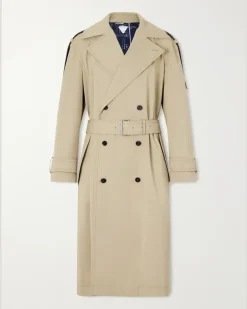 Intrecciato Leather-Trimmed Cotton-Gabardine Trench Coat Neutrals