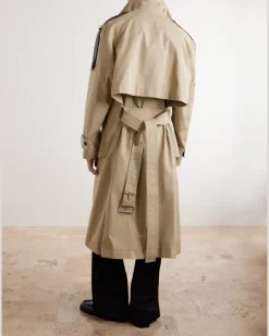 Intrecciato Leather-Trimmed Cotton-Gabardine Trench Coat Neutrals