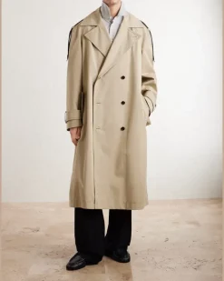 Intrecciato Leather-Trimmed Cotton-Gabardine Trench Coat Neutrals