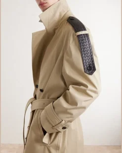 Intrecciato Leather-Trimmed Cotton-Gabardine Trench Coat Neutrals