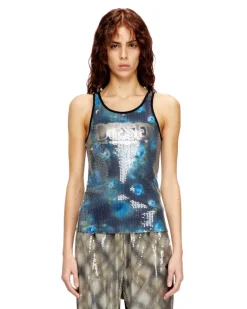 Jersey-Top mit Blumenmuster und Pailletten - T-Shirts - Damen - Blau