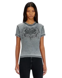 Jersey-T-Shirt mit Strasssteinen und burnout effect - T-Shirts - Damen - Grau