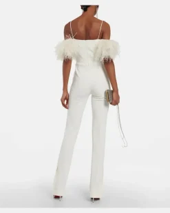 Jumpsuit aus Cady mit Federn Weiß