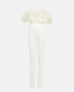 Jumpsuit aus Cady mit Federn Weiß