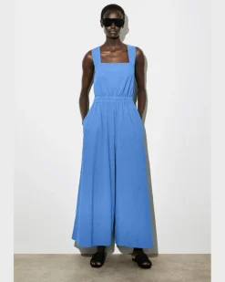 Jumpsuit Aus Seersucker Mit Weitem Bein Blau
