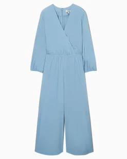 Jumpsuit Mit Weitem Bein Und V-Ausschnitt Blau