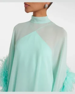 Kaftan Penelope aus Seide mit Federn Blau