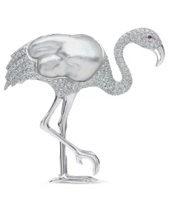 Keshi Baroque Flamingo-Brosche mit Südseeperle und Diamant - Silber