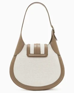 Kleine Hobo Bag aus Canvas und Glattleder Beige