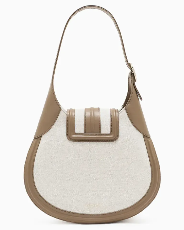 Kleine Hobo Bag aus Canvas und Glattleder Beige