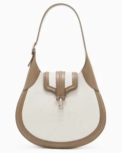 Kleine Hobo Bag aus Canvas und Glattleder Beige