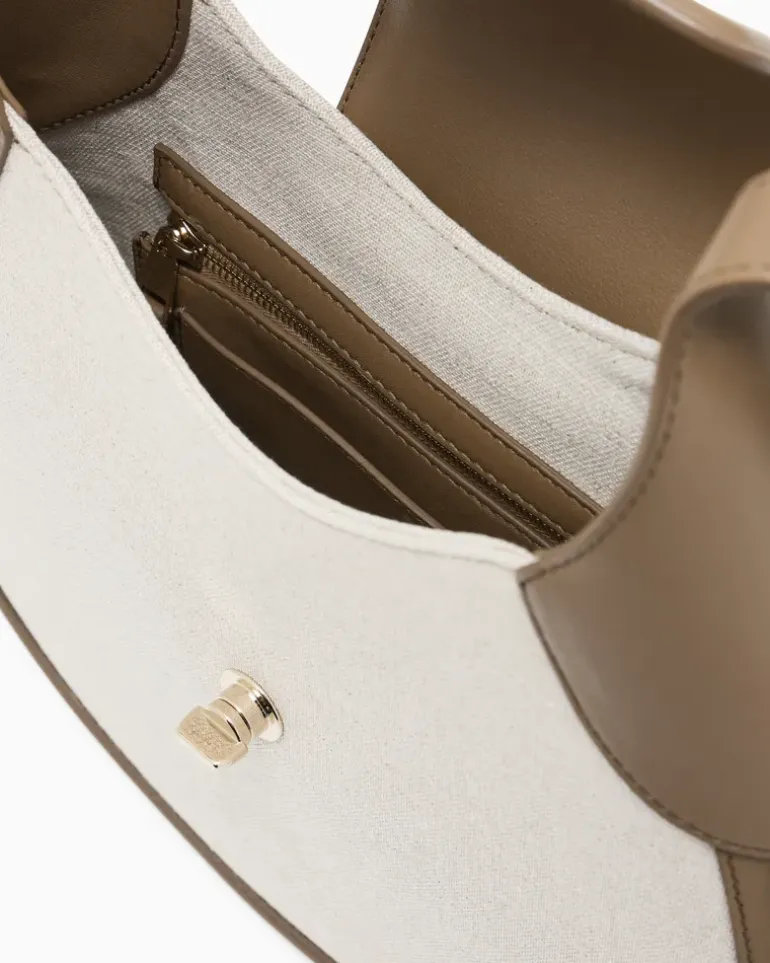 Kleine Hobo Bag aus Canvas und Glattleder Beige