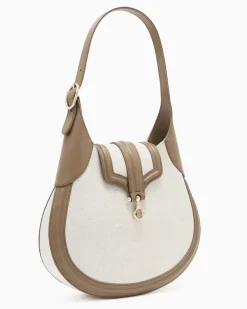 Kleine Hobo Bag aus Canvas und Glattleder Beige