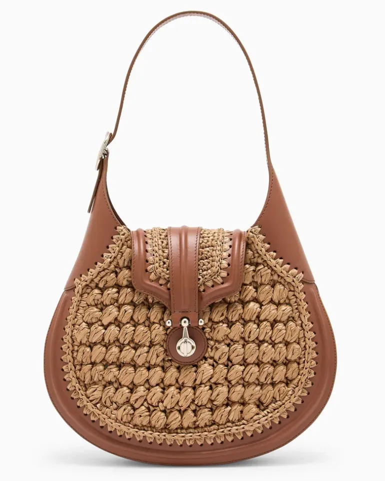Kleine Hobo-Bag aus Viskose-Raffia und Glattleder Beige
