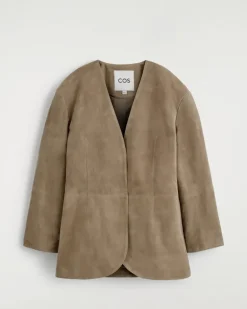 Kragenloser Blazer Aus Veloursleder Beige