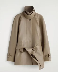 Kurzer Trenchcoat Aus Leder Mit Trichterkragen Beige