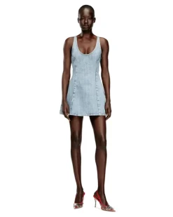 Kurzes Kleid aus Hahnentritt-Denim mit Kristallen - Kleider - Damen - Blau