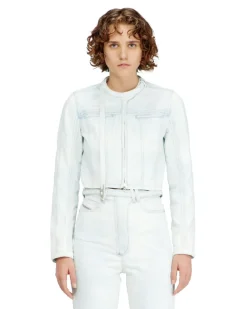 Kurzgeschnittene Jacke aus eisblauem Satin-Denim - Denim jacken - Damen -