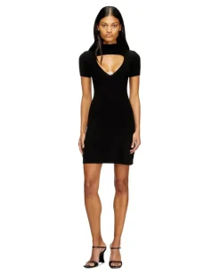 Kurz geschnittenes Kleid mit Ausschnitt aus gerippter Wollstrickware - Kleider - Damen - Schwarz