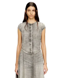 Kurzärmliges Jeanshemd mit sportlichen Streifen - Denimhemden - Damen - Grau