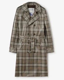 Langer, beschichteter Trenchcoat „Foxfield“ in Check mit Raffiabast-Effekt , Size Chalk-Weiß