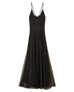 Langes Plumetis Tüllkleid mit Spitze - Schwarz
