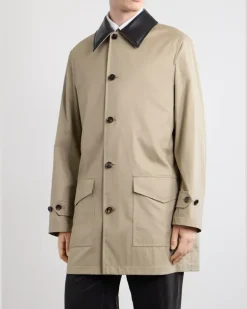 Leather-Trimmed Cotton-Gabardine Trench Coat Neutrals