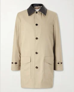 Leather-Trimmed Cotton-Gabardine Trench Coat Neutrals