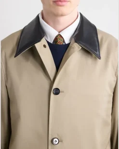 Leather-Trimmed Cotton-Gabardine Trench Coat Neutrals